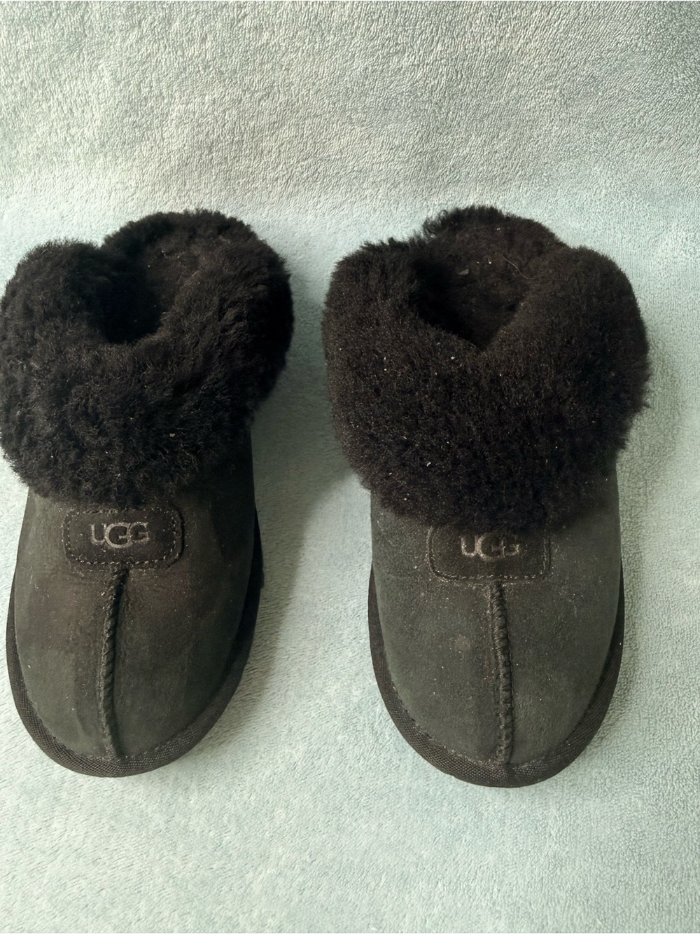 UGG Black Suede Shearling Cuff Slippers